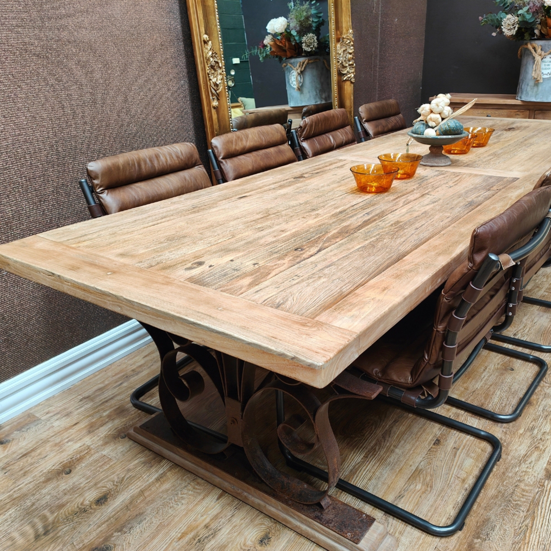 Reclaimed Elm Dining Table with Iron Legs 3m + 8 Florence Italian Leather Dining Chairs Set image 0